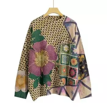 Художественный свитер с имитацией норки в этническом стиле в стиле ретро, осень-зима, свободный женский свитер с круглым вырезом, популярный вязаный свитер для женщин L