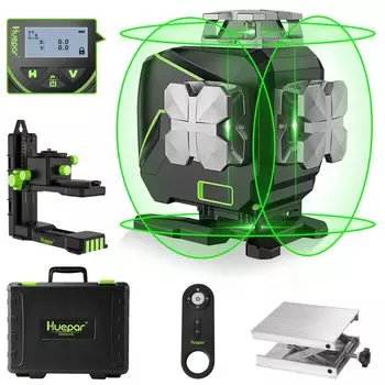 Huepar Green Laser 4 Full Angle LCD Elevator Remote Control 3 источника питания S04CG Маркер, линии, дисплей 4x360°, дисплей, крепление, в комплекте,