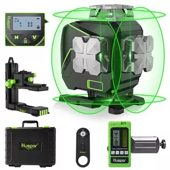 Huepar Green Laser 4 Full LCD Light Sky Пульт дистанционного управления 3 источника питания Маркер, линии, 4x360° [приемник включен] Дисплей, крепление, в комплекте, S04-5RG