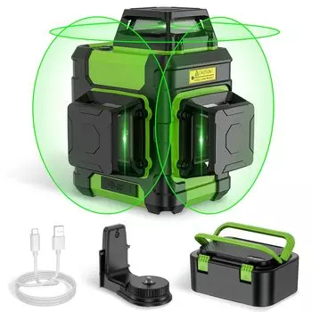 Huepar Laser Green 12 Wire Full 30 метров Рабочий 2 Power USB Receiver IP54 HM03CG Маркер, 3x360° Laser, Линия, Диапазон, Источники, Перезаряжаемый,