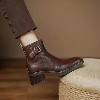 Huge Convenient Retro Square Head Medium Heel Thick Heel Belt Buckle Short Boots Femininity Side Zipper British Style Retro And Ankle Boots 35 коричневый