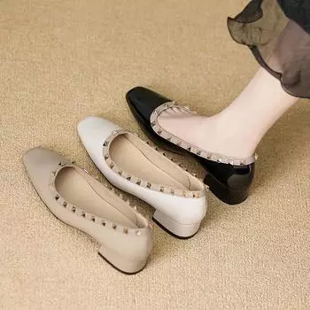 Huiliya 2025 new Internet celebrity rivet single shoes women s thick heel commuting light mouth square head middle heel ladyshoes W8990-1 35 чёрный