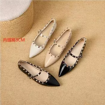 Huiliya 2025 весна новые заклепки с внутренней высотой увеличивают одиночные туфли женские лакированные кожаные туфли с заостренным носком темперамент плоские туфли 35 чёрный