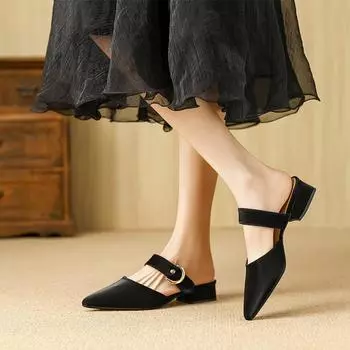 Huiliya bag head half slippers women s outer wear 2024 new thick heel Mueller shoes with skirt pointed women s shoes Y099-1 35 чёрный