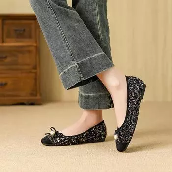 Huiliya bow-decorated versatile pearl soft-soled ladyshoes 2025 spring new simple women s shoes W107-31 35 чёрный