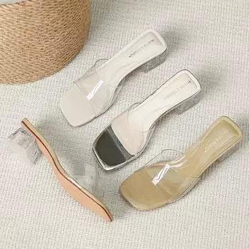 Huiliya crystal heel thick heel high heel transparent belt one-word drag women s PVC cool slippers women s sandals J 2609-7 35 абрикосовый