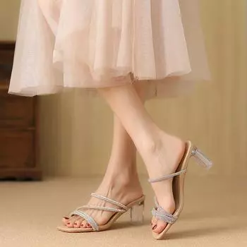 Huiliya French high-heeled slippers women s summer wear new rhinestone word with thick heel crystal sandals X 2026-6 35 чёрный