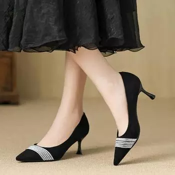 Huiliya French kitten heel high heels women s thin heel pointed head shallow mouth one pedal temperament medium heel single shoes G60-15 34 чёрный