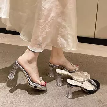 Huiliya French rhinestone transparent crystal heel sandals women s premium thick heel slippers high heels sandals B629-1 35 чёрный
