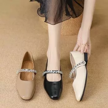 Huiliya French round head shallow mouth single shoes women s new models with skirts flat-bottomed rhinestone one-button single shoes women X210-5 35 чёрный