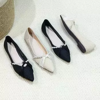 Huiliya French single shoes women s summer new temperament pointed flat bottom small fragrant wind shallow mouth pearl ladyshoes 23503 35 чёрный