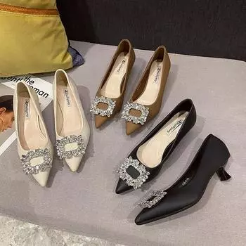 Huiliya French stiletto shoes women s kitten and rhinestone square buckle stiletto single shoes light mouth pointed low heels 335-6 35 чёрный