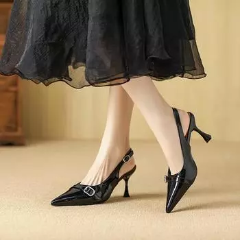 Huiliya French temperament thin pointed head thin heel bag head sandals 2025 new high heel single shoes women s B878-3 34 чёрный