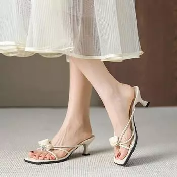 Huiliya outer slippers summer new square head open-toed high-heeled slippers thin heel toe cool slippers J9596-5 35 хаки