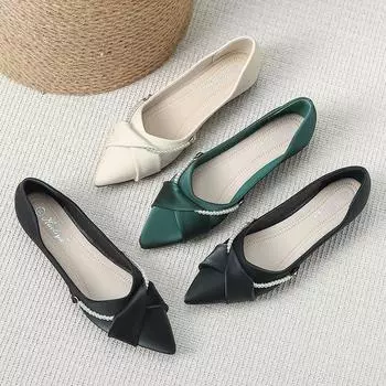 Huiliya pointed single shoes new soft leather soft sole pearl shallow mouth gentle flat bottom fairy wind ladyshoes D833-387 35 чёрный