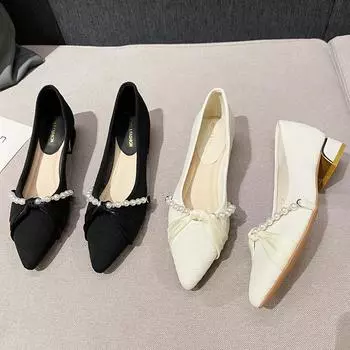 Huiliya popular French thick heel single shoes women s new women s shoes French medium heel low heel light mouth pointed shoes W86-1 35 чёрный