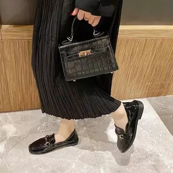 Huiliya retro square head thick heel shoes women 2025 small fragrant wind metal chain, large size source factory X270-3 35 чёрный