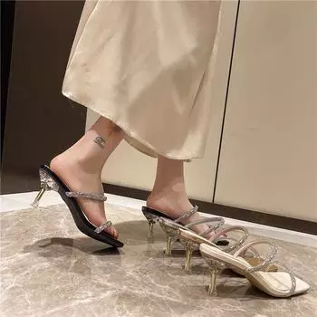 Huiliya rhinestone open-toed slippers women wear new thick heels fairy wind pigeon eggs with skirt sandals B639-1 35 чёрный