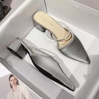 Huiliya thick heel bag head half slippers women s versatile medium heel high heels low heel lazy muller shoes G5330-2 34 чёрный