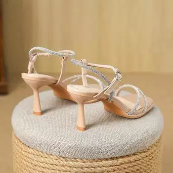 Huiliya thin heel rhinestone sandals female 2025 new one-word buckle fairy style square head high heels A739-20 34 чёрный