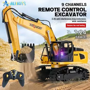 Huina 1/24 RC Truck 9CH Remote Control Digging Excavator Simulation Engineering Vehicle Sound Light Car Model Kids Christmas Gift