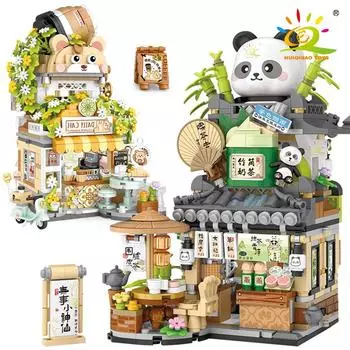 HUIQIBAO City Mini Street View Panda Tea House Модель Строительные блоки DIY Маленький медведь Кофейня Кирпичи Игрушки для детей и взрослых NO BOX
