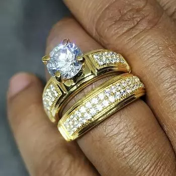 Huitan Новые модные кольца для влюбленных пар для женщин/мужчин, роскошные свадебные аксессуары, комплект колец золотого цвета, модные ювелирные изделия, прямая поставка 9