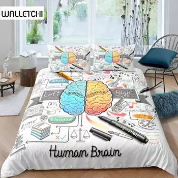 Human Brain Duvet Cover Set for Boy Child Students Microfiber Music Art Quilt Cover Decor Math Science Subject Theme Bedding Set EU single(135x200cm)