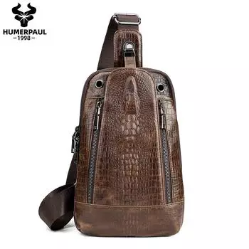 HUMERPAUL Мужская кожаная нагрудная сумка с крокодиловым принтом, спортивная сумка большой вместимости кофейный
