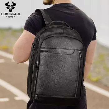 HUMERPAUL Натуральная кожа Высококачественный рюкзак большой вместимости многофункциональная компьютерная сумка спортивная сумка чёрный