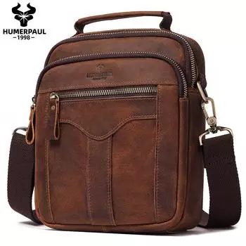 HUMERPAUL повседневная мужская сумка на плечо, винтажная кожаная сумка через плечо Crazy Horse, мужская сумка высокого качества, вместительная мужская сумка-мессенджер, сумка-тоут M кофейный