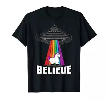 Humor Cute UFO Believe Unicorn Alien Rainbow Beams T-Shirt T-Shirt чёрный