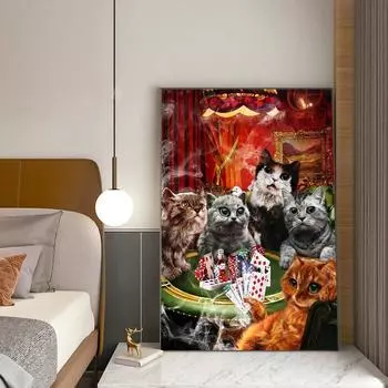 Картина на холсте с юмористическими животными, забавный кот и собака, постер с игрой в покер, домашняя азартная игра, декор стен казино 21x30cm No Framed