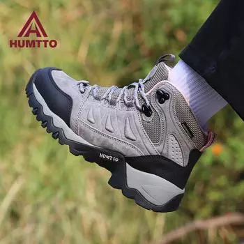 HUMTTO зимние ботинки, женские непромокаемые черные резиновые ботильоны на платформе, роскошные дизайнерские походные туфли для женщин, кожаные женские кроссовки 36 серый/розовый