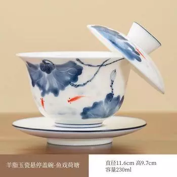 Хунъюэ Саловый Нефрит Ручная роспись Парящая Вращающаяся Чаша-крышка Саньцай Чайная чашка Керамика Высококлассный Дехуа Белый фарфор Высококлассная Чайная чаша