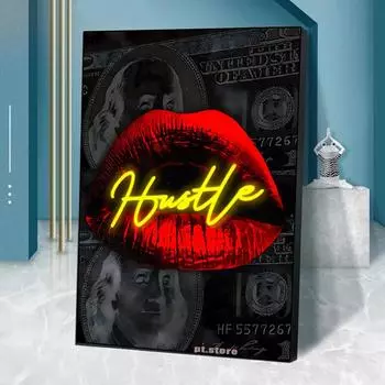 Hustle сексуальные красные губы деньги доллар муар фон художественный эстетический постер современное украшение для гостиной холст картина картина (с рамкой) 15*20cm(with frame)