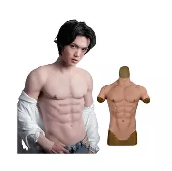[HUWAHUWA] Muscle Suit, Handsome Muscle, Short Sleeve, Silicone Muscle, Silicone Suit, Macho Suit, Fake Abs, Fake Muscle, Cosplay, Disguise (S, White)