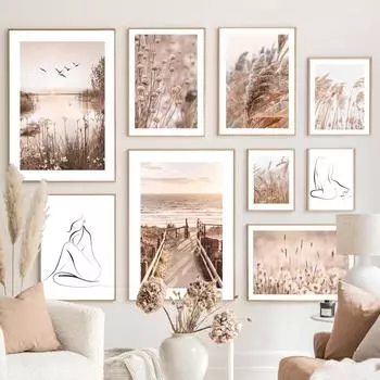 Хвост кролика, трава, тростник, закат, птица, цветок, пляж, настенные художественные принты, картина на холсте, линия, скандинавский постер, декор, картинки для гостиной A4 21X30cm No Framed