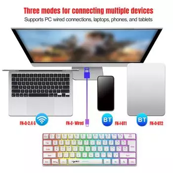 HXSJ L500 Трехрежимная беспроводная компактная мембранная клавиатура с 61 клавишей Мини-клавиатура RGB Полноцветная подсветка белый