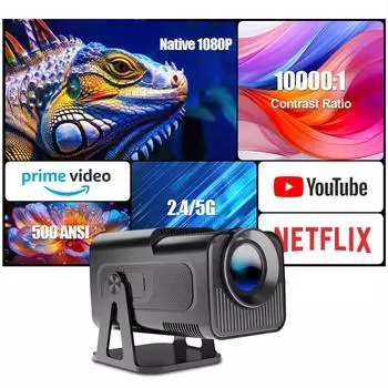 HY320 NTV Netflix официально лицензированный Android 13 проектор с 1080P 500ANSI Prime Video YouTube WIFi BT5.2 портативный EU Plug чёрный