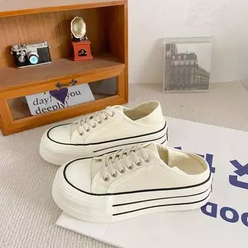 HY-1257 free pair of shoelaces/thick-soled round head two pairs of elastic band white shoes women s summer thin versatile canvas shoes 35 бежевый