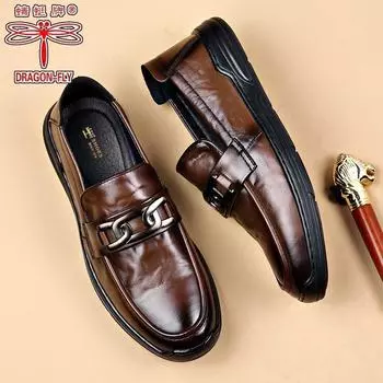 Hy Dragonfly абсолютно новые летние туфли Doudou с резиновой подошвой, нескользящие и износостойкие, модные универсальные кожаные мужские туфли, первый слой коровьей кожи 38 чёрный