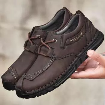 Hy first layer cowhide men s genuine leather casual shoes hand-stitched trendy men s shoes outdoor big head leather shoes sports tooling 38