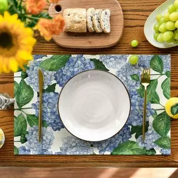 Hydrangea Pattern Linen Placemat Anti Slip Tableware Pad Cup Pad Table Mat Table Decoration Style 6