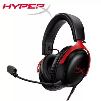 HyperX Cloud III — проводная игровая гарнитура, Cloud 3, ПК, PS5, Xbox Series X|S, DTS, пена с эффектом памяти, прочная рамка, сверхпрозрачный микрофон 10 мм, USB-C, USB-A, 3,5 мм красный/чёрный