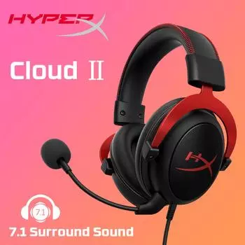 HYPERX Игровая гарнитура Cloud II, объемный звук 7.1, со звуковой картой USB, съемный микрофон, работает с ПК, PS4/5, Xbox, игровые проводные наушники CS/Valorant чёрный/красный