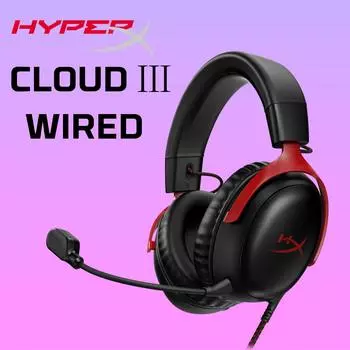 HYPERX Проводная игровая гарнитура Cloud III для киберспорта, ПК, PS5, Xbox, угловые динамики 53 мм, DTS Spatial Audio, ультрачистый 10-миллиметровый микрофон с эффектом памяти, USB-C, USB-A, 3,5 мм Cloud III Wired красный/чёрный