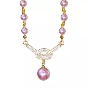 Hypoallergenic Crystal Accent Adjustable Pearl Necklace with Delicate Knot Design for Special Occasions Evening Events фиолетовый