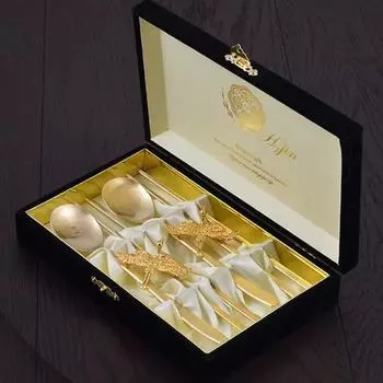 Hyunjin Ssanghak, подарочный набор из 2 титановых золотых ложек, 2 набора ложек + подставка для ложек + футляр + сумка для покупок, популярная корейская посуда