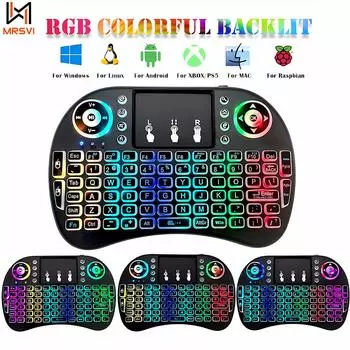 I8 Мини беспроводная клавиатура 2.4G английская литиевая RGB цветная подсветка Air Mouse с сенсорной панелью для Android TV Box PC